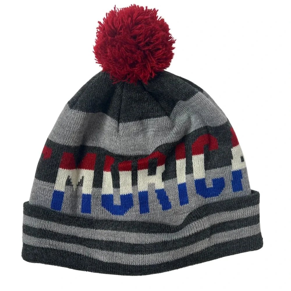 American Eagle Murica Beanie Grey Striped Pom Pom Knit Hat Patriotic One‎ Size